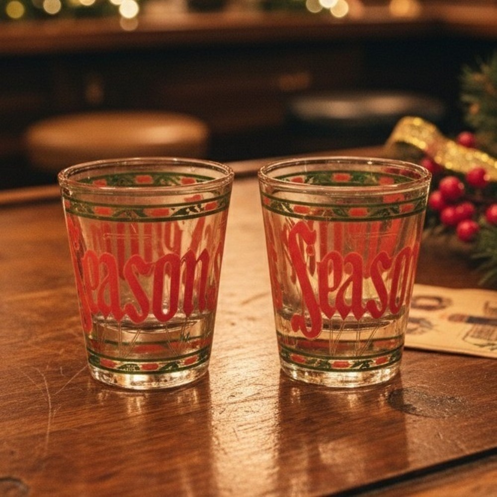 Culver Seasons Greeting Shot Glasses, Set of 2, Vintage Stained Glass Design
